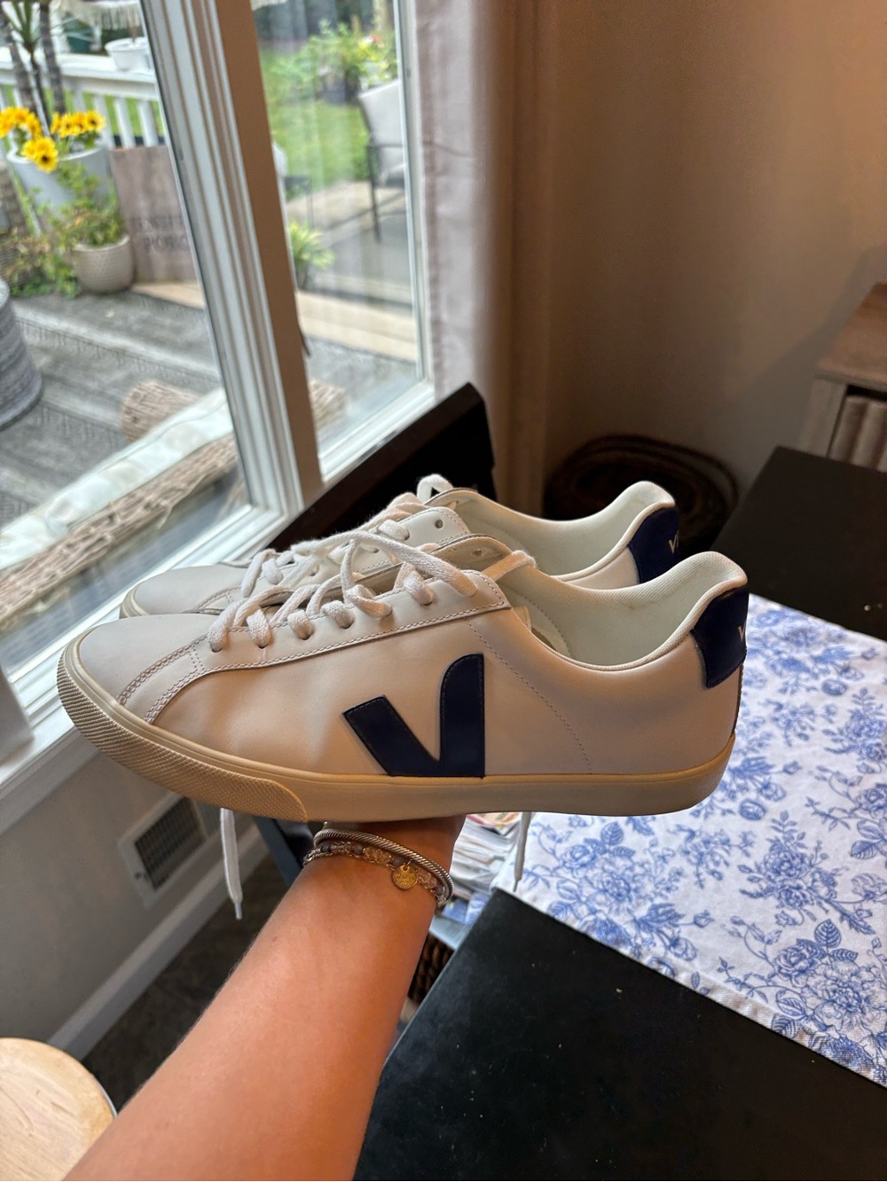 Veja White Sneakers with Navy V Logo - Low Top Lace-Up
